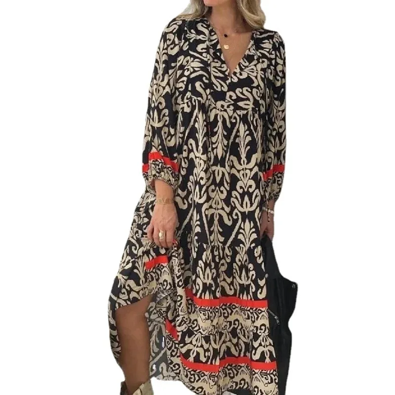 Casual Fashion Fall V-Neck Party Dress Vintage Female Pattern Print Loose Dress Leisure Summer Long Sleeve Women Pullover Dress