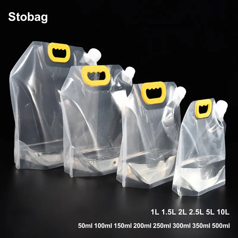 

StoBag Large Drinking Packaging Bags Handle Plastic for Beer Juice Beverage Sealed Stand Up Storage Reusable Liquid Pouches Logo