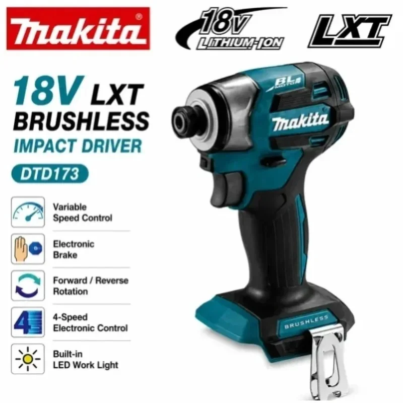 Oryginalny wkrętak udarowy akumulatorowy Makita DTD173 18V LXT bezszczotkowy, wkrętarka elektryczna 180N·m z akumulatorem Makita BL1860 6.0Ah BL1850 BL1840 18V, podwójne LED, szybka wysyłka z UE. — 2