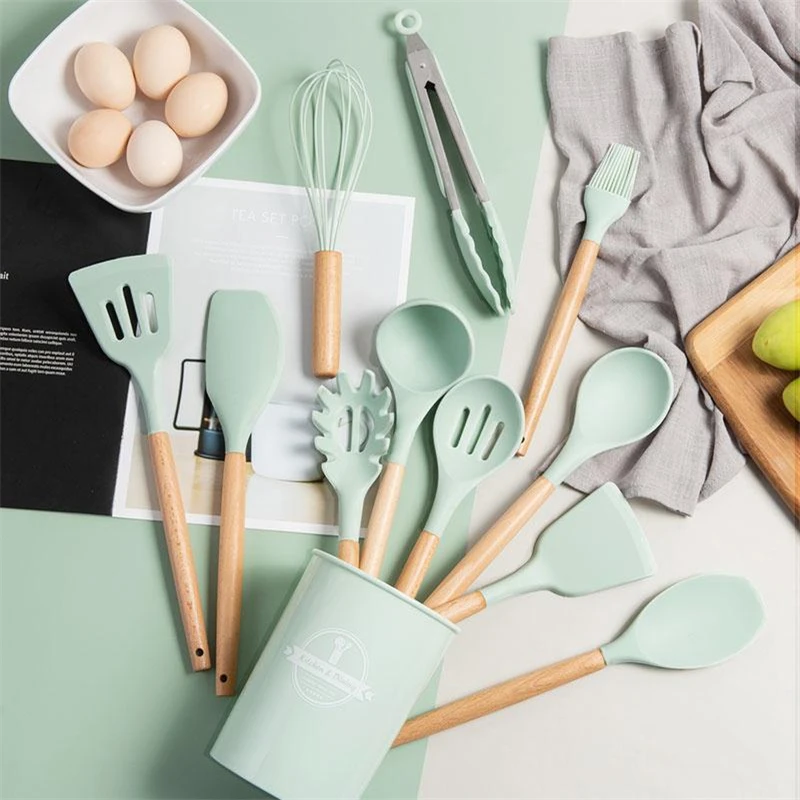 

New 12Pcs/set Silicone Kitchenware Cooking Utensils Set Kitchen Cooking Tool Set Wooden Handle Non-Stick Cookware Spatula Shovel