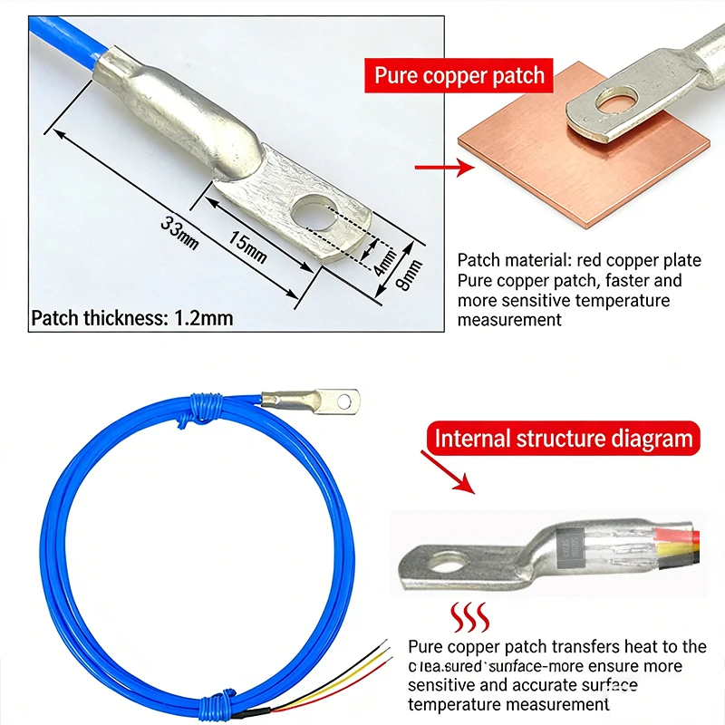 DS18B20 Waterproof Surface Temperature Sensor with PTFE Cable, Digital Temperature Probe, Stainless Steel Terminal Lug