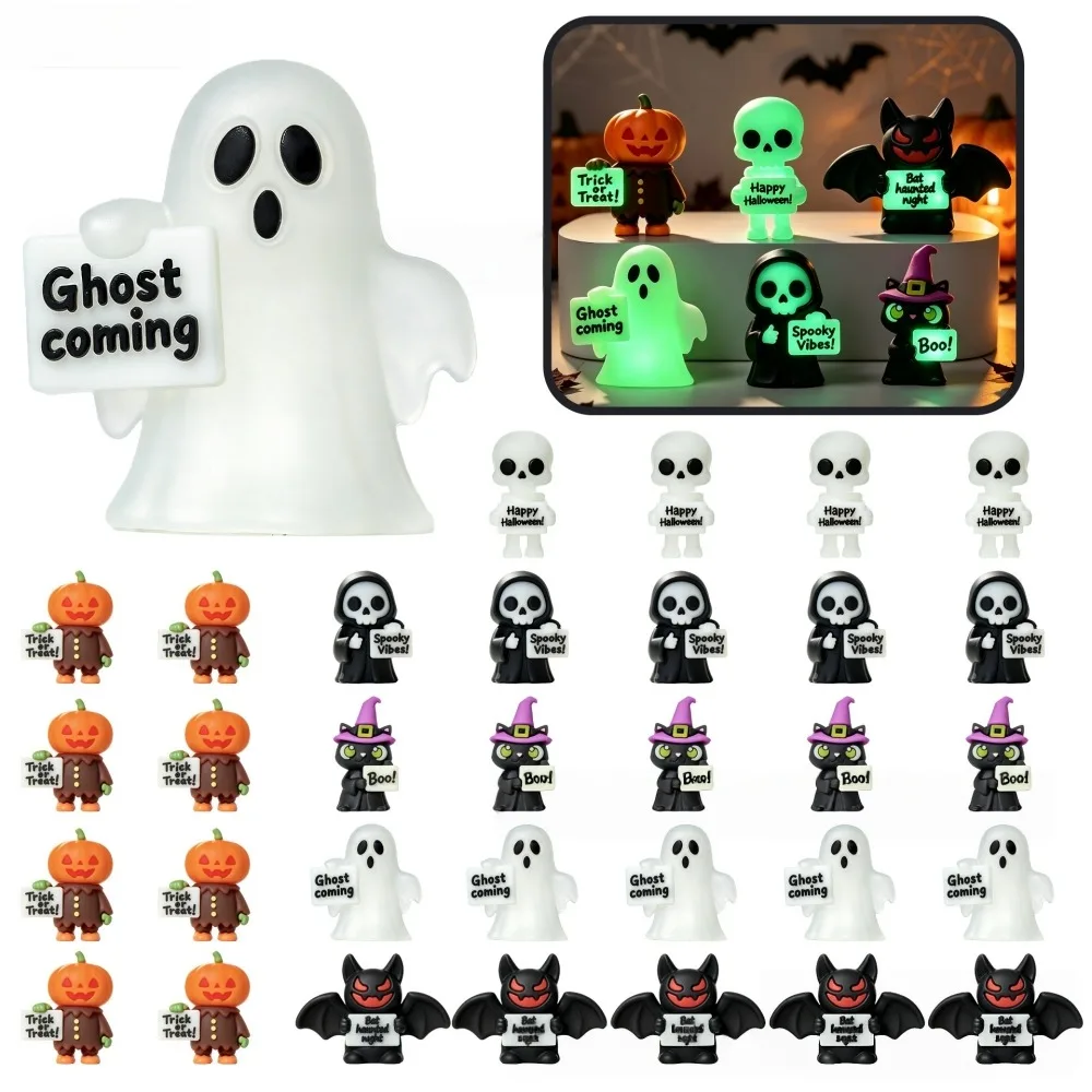 Halloween Glow Dark Mini Figurines 10-30Pcs Bulk PVC Ghost Pumpkin Skull Witch Cat Micro Landscape Home Decor