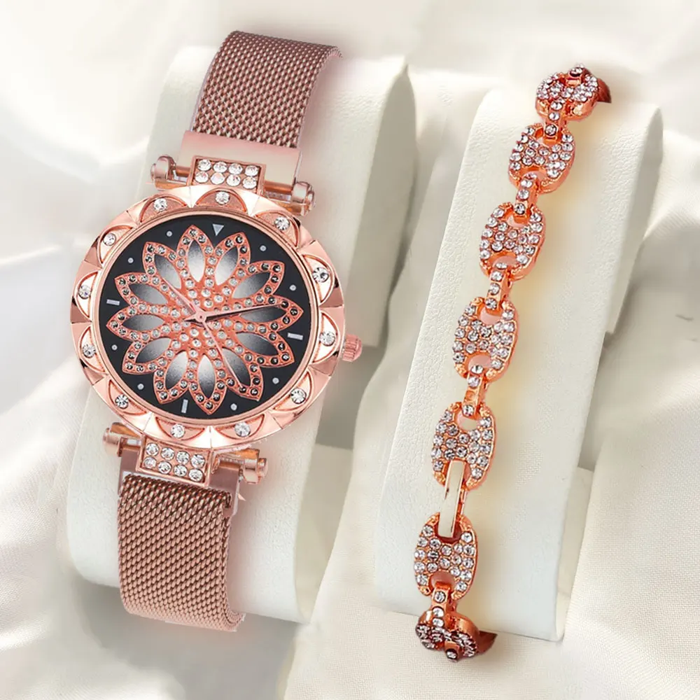 

Модные женские сетчатые часы с магнитной пряжкой Lucky Flower, женские кварцевые часы со стразами, набор браслетов, женский Relogio Feminino