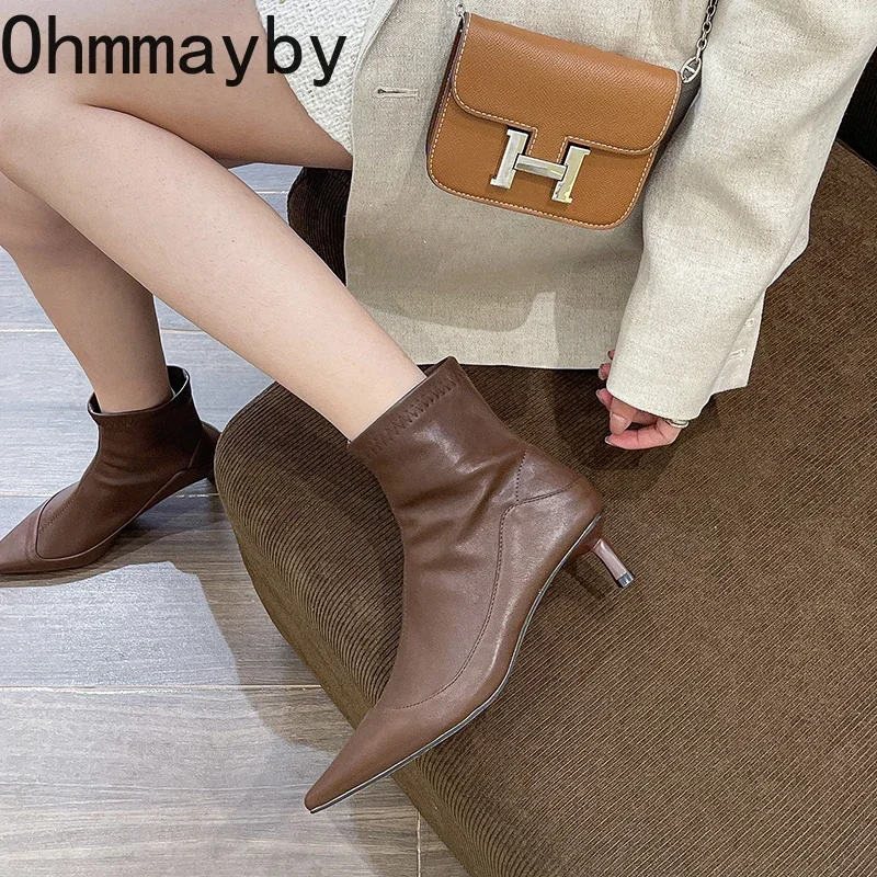 Pointed Toe Women Elastic Short Boots Fashion Slip On Slim Ankle Booties Thin Low Heel Autumn Winter Ladies Shoes