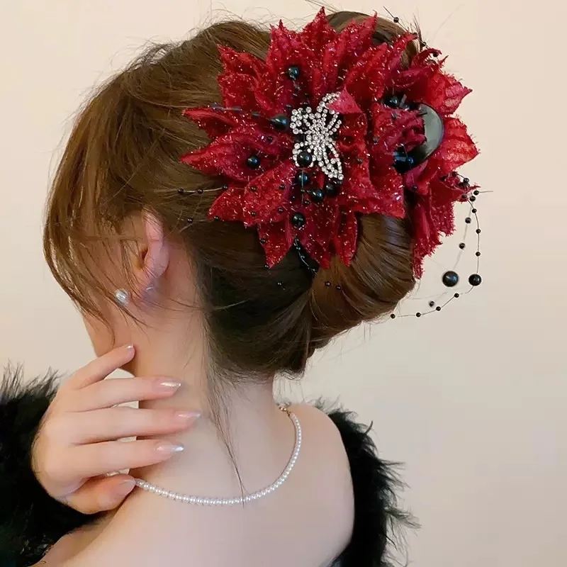 Diamond Butterfly Flower Glass Bead Clip Fashionable Temperament High-End Hair Accessories For Women