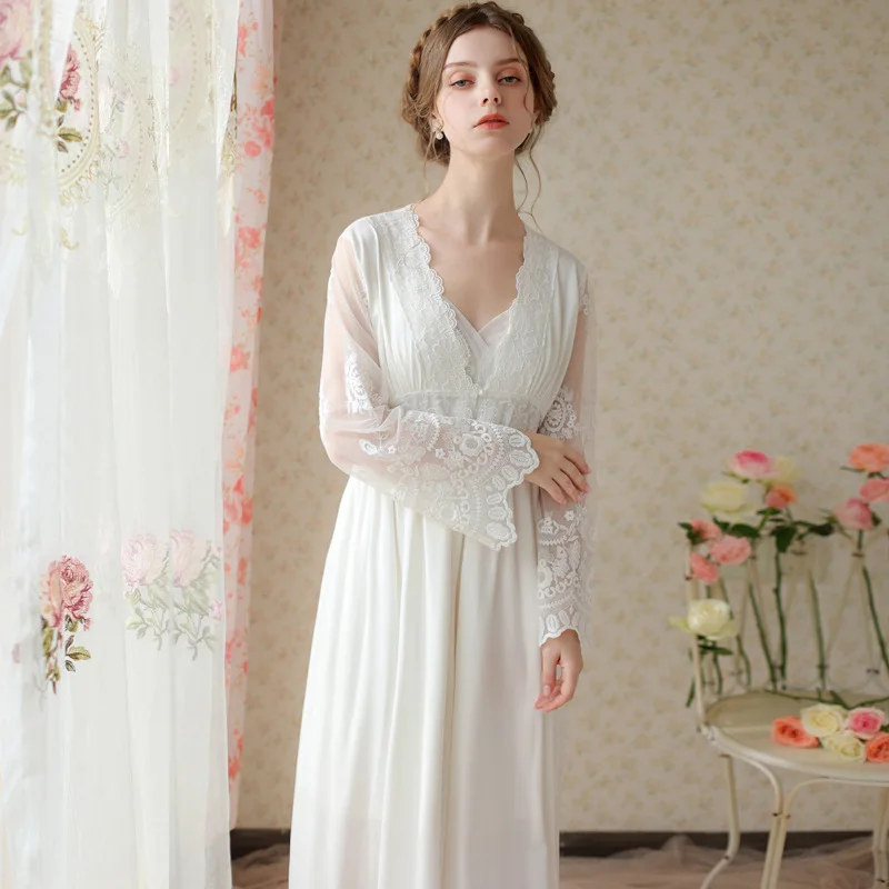 Nightgown sexy woman's two-piece suit spring and fall court princess new cotton sling nightgown long home wear robe