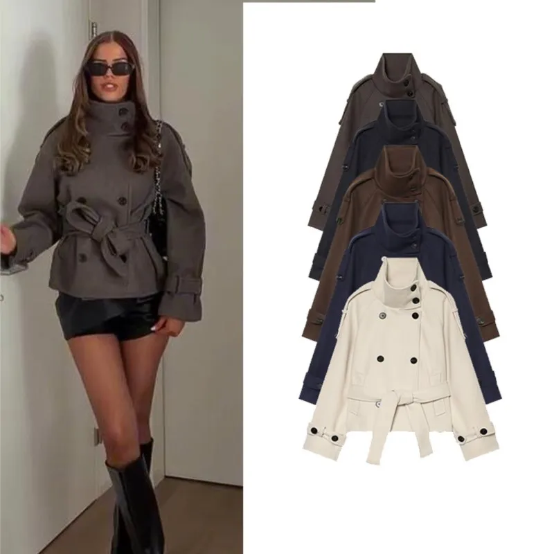 Women's Winter Jacket New High Neck Long Sleeve Double-breasted With Belt Coats Fashion Casual Female Outerwear Vintage Top