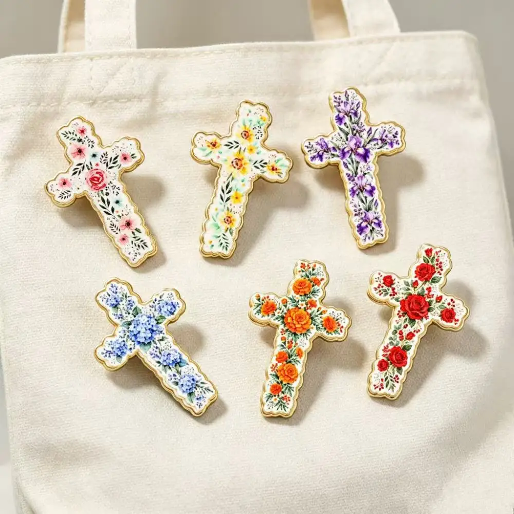 6pcs Vintage Floral Cross Enamel Brooch Pins, Colorful Flower Lapel Badge, Clothing Bag Decor, Black Friday Christmas Gift Jewel