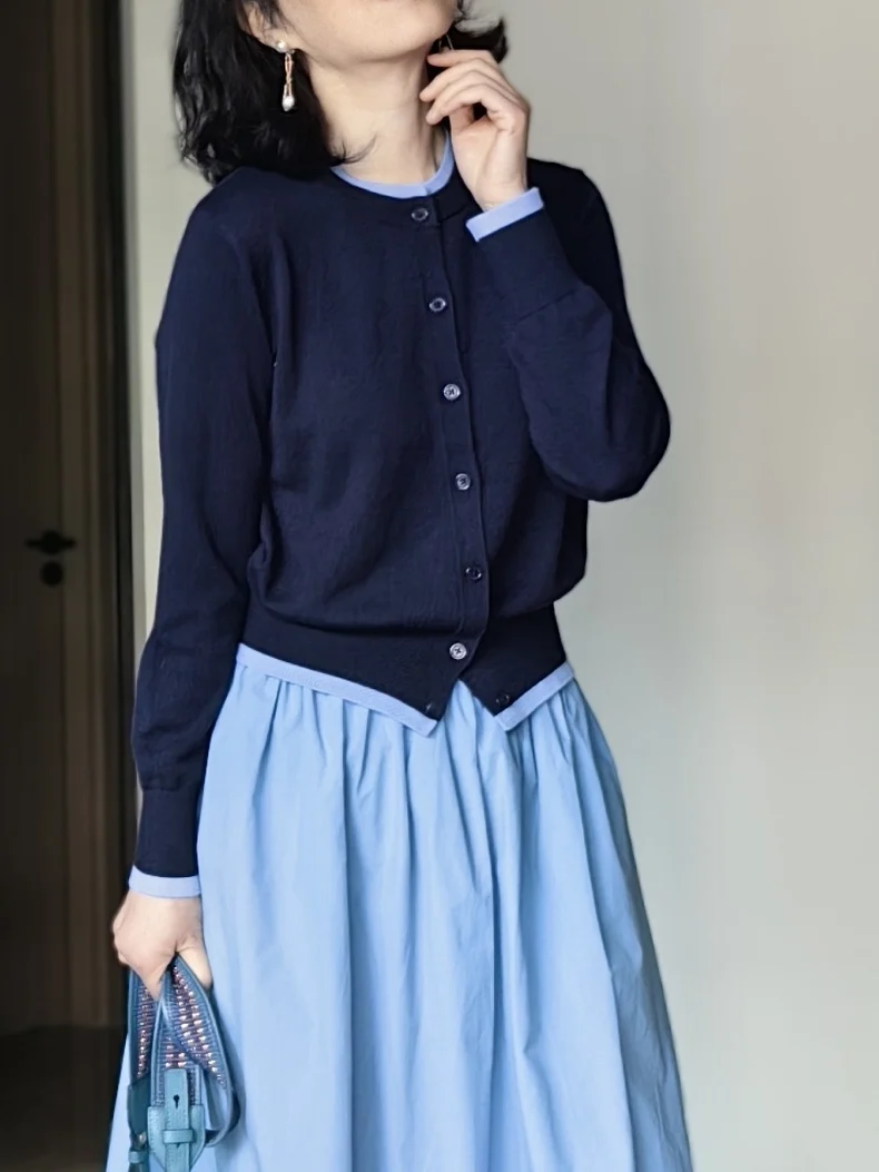

Elegant Short Open Cardigan with Color Block Wool Blend Skintight Design for Women Spring 2026 Long Sleeve Knitted Sweater