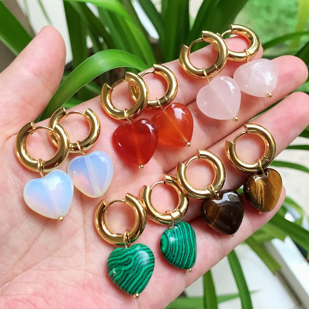 Pendientes de corazón de piedra Natural exagerada para mujer, pendiente de acero inoxidable dorado, pendiente de oreja gruesa, Ágata roja, cuarzo rosa, Ópalo de cristal