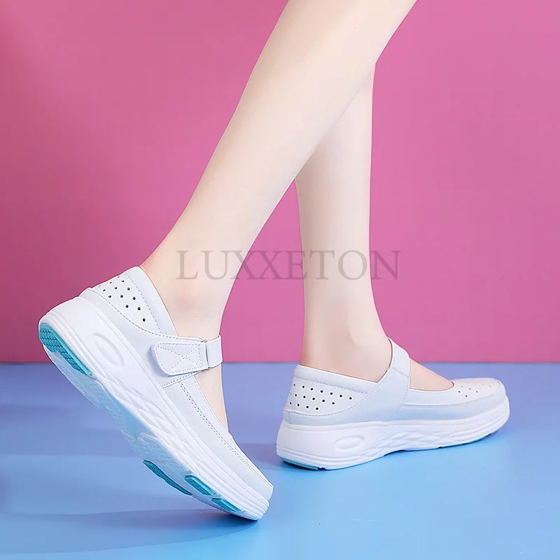 Women Shoes Women Genuine Leather Sneakers Slip on Wedges White Women Loafers Casual Flats Comfortable Nurse Shoes