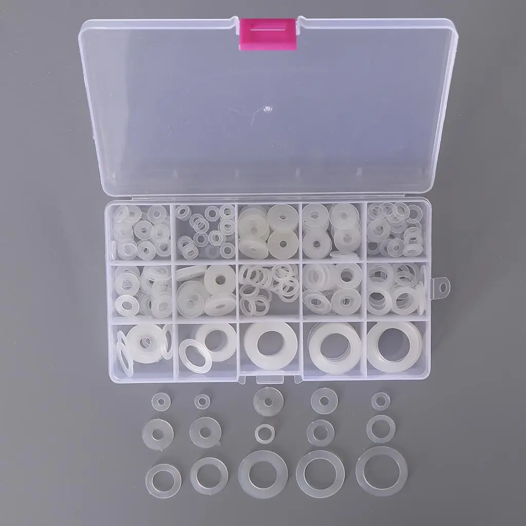 250Pcs 15-SizeWhite Nylon Insulating Flat Washers Gaskets Assortment Set~