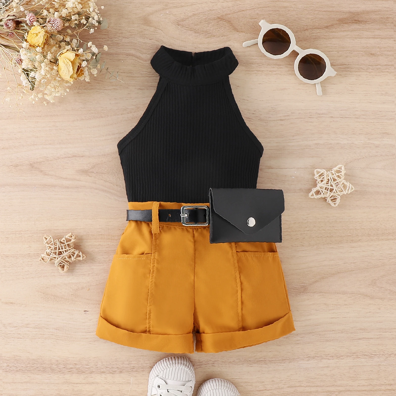 3PCS Summer 0-4 Years Old Baby Girls Soft And Comfortable Simple Beautiful Black Halter Top + Coffee Color Shorts