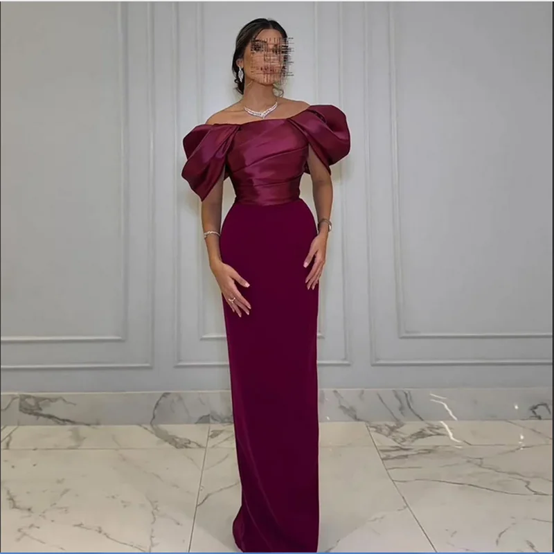 

Simple Arabic Evening Dress فساتين سهرة Customized Off Shoulder Pleat Straight Formal Occasion Dresses Back Slit Party