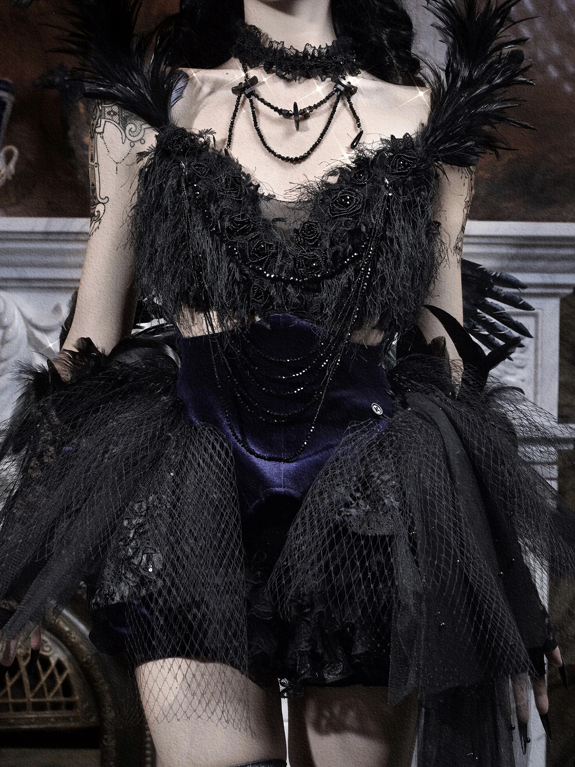Blood Supply Gothic Luxury Shiny Diamonds Black Feathers Patch Sweep Tail Mesh Dress Top Ballet Hollween Asymmetric Jupe Vestido