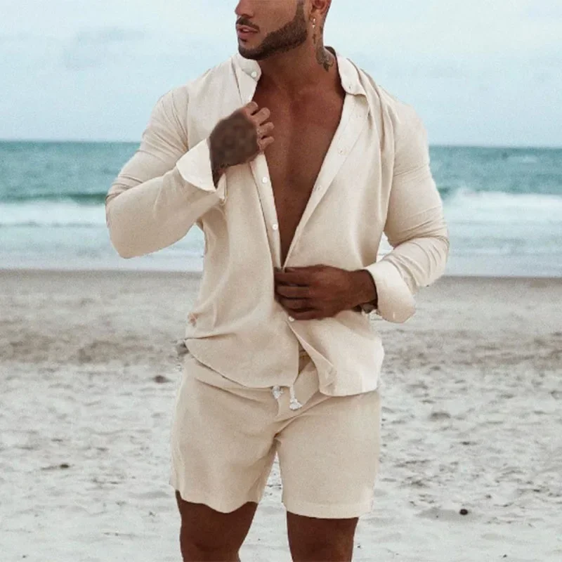 Mens Sets Spring and Summer  Simple Long Sleeve and Shorts Suit Loose Cotton and Linen Mens Multicolor Two Piece Suit