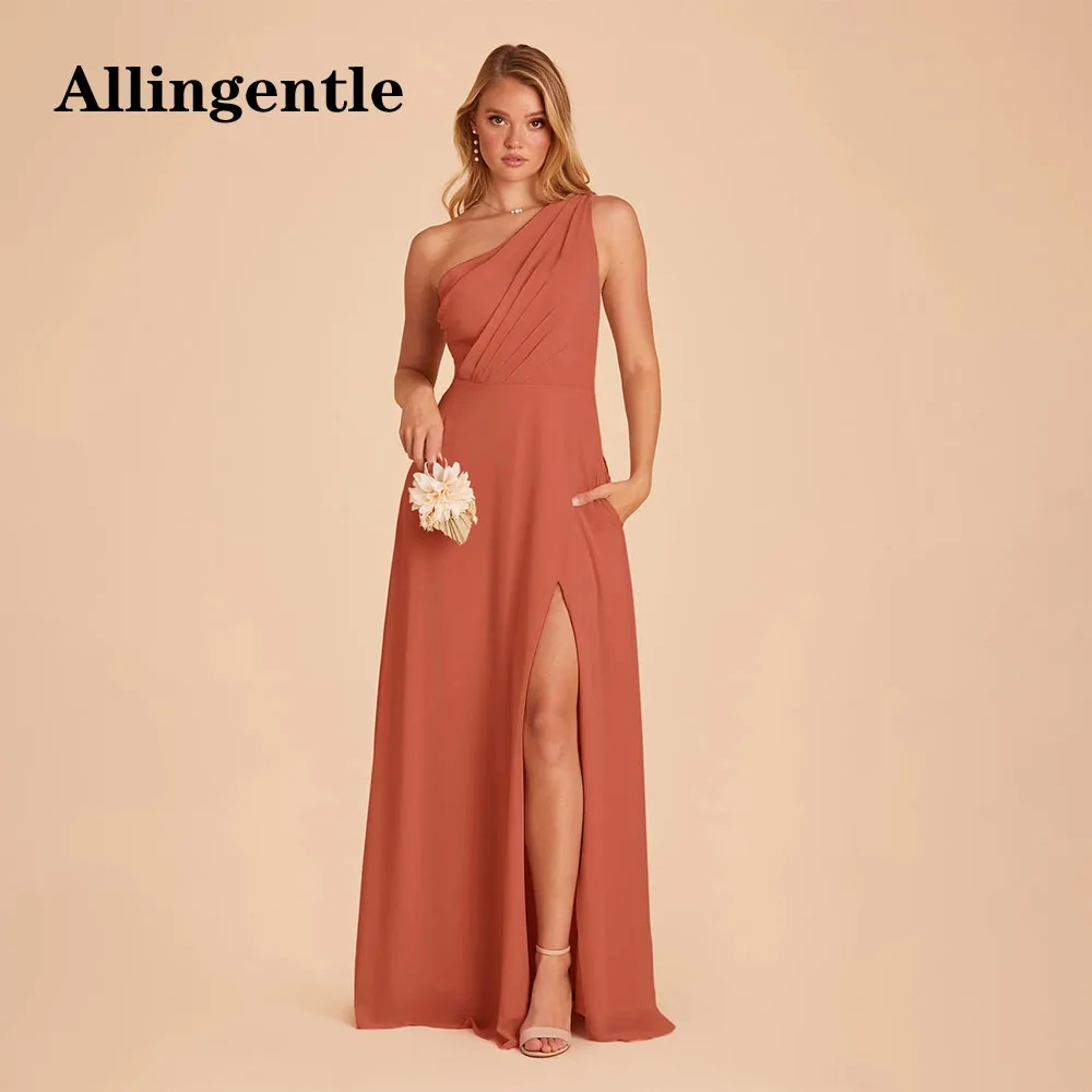 

Allingentle Chiffon One Shoulder Bridesmaid Dress for Women Ruched Sleeveless A-Line Side Slit Formal Party Gowns with Pocket