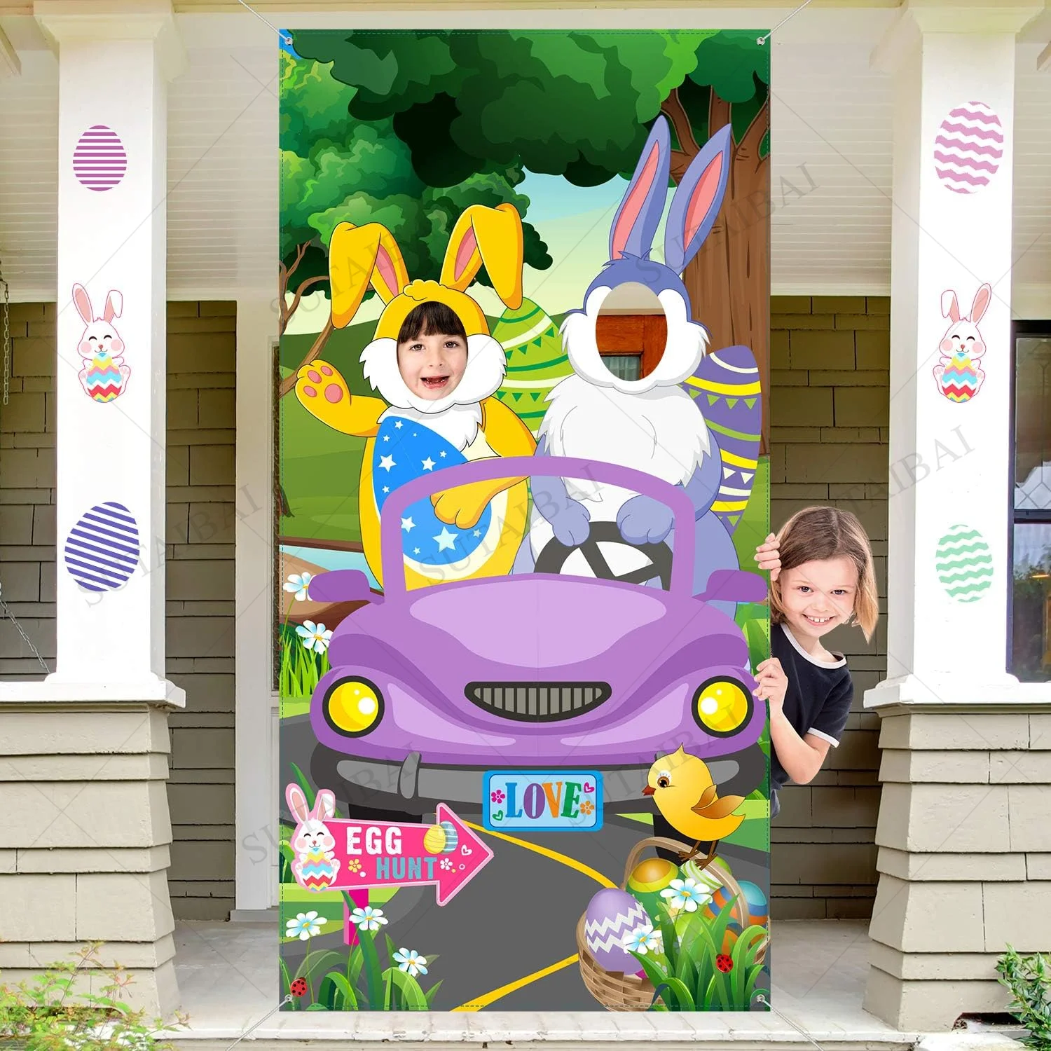 Easter Face in Hole Backdrop Baby Chick Sheep Bunny Face Cutout Photo Props Happy Easter Party Photography Background