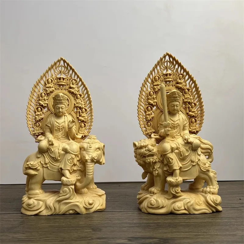 Wooden Manjushri - Samantabhadra Figure Statue Solid wood hand-carved Buddha statue Home feng shui ornaments