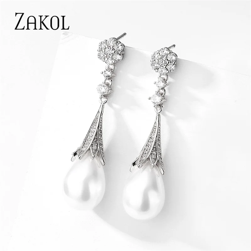 ZAKOL Fashion Pearl Dangle Earrings for Women Gold Color Cubic Zirconia Jewelry Water Drop Wedding Engagement Jewelry  New