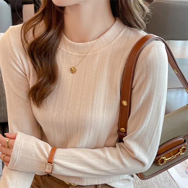 

Autumn Women's Fashion Bottoming Knitted Sweaters Chic Design Ribbed Round Collar Pullovers Korean Versatile Long Sleeve Tops