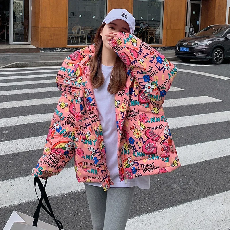 Winter Women's Korean Loose Thickening Hooded Mid-length Long-sleeve Warm Parkas 2023 New Letter Jacket Down Cotton Jackets Lady