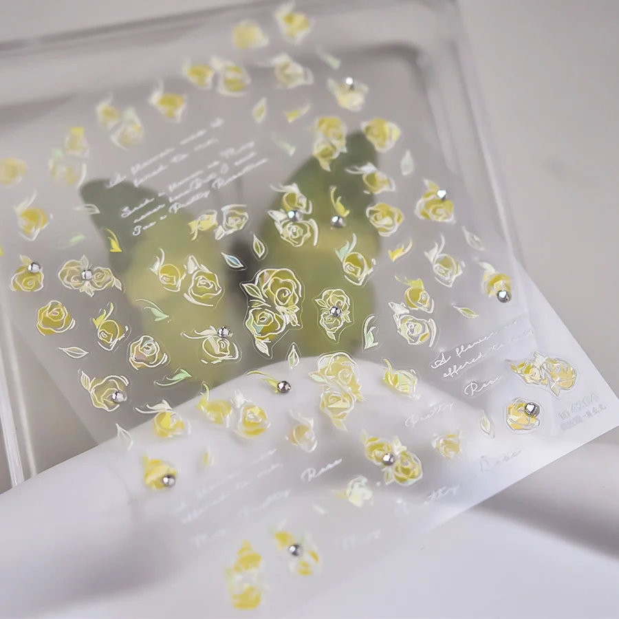 Jelly Flower Yellow Rose Crystal Rhinestones Pearl Embossed Relief Adhesive Nail Art Sticker Manicure Decal