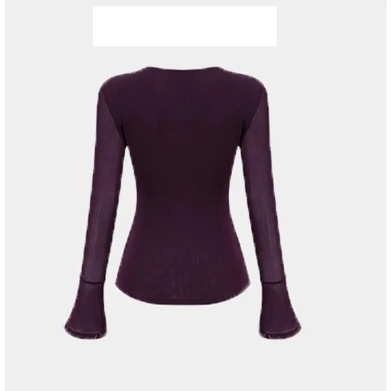 Camiseta de manga larga de malla púrpura para mujer, nueva moda de otoño, diseño de cuello con cordón, Top ajustado de nicho