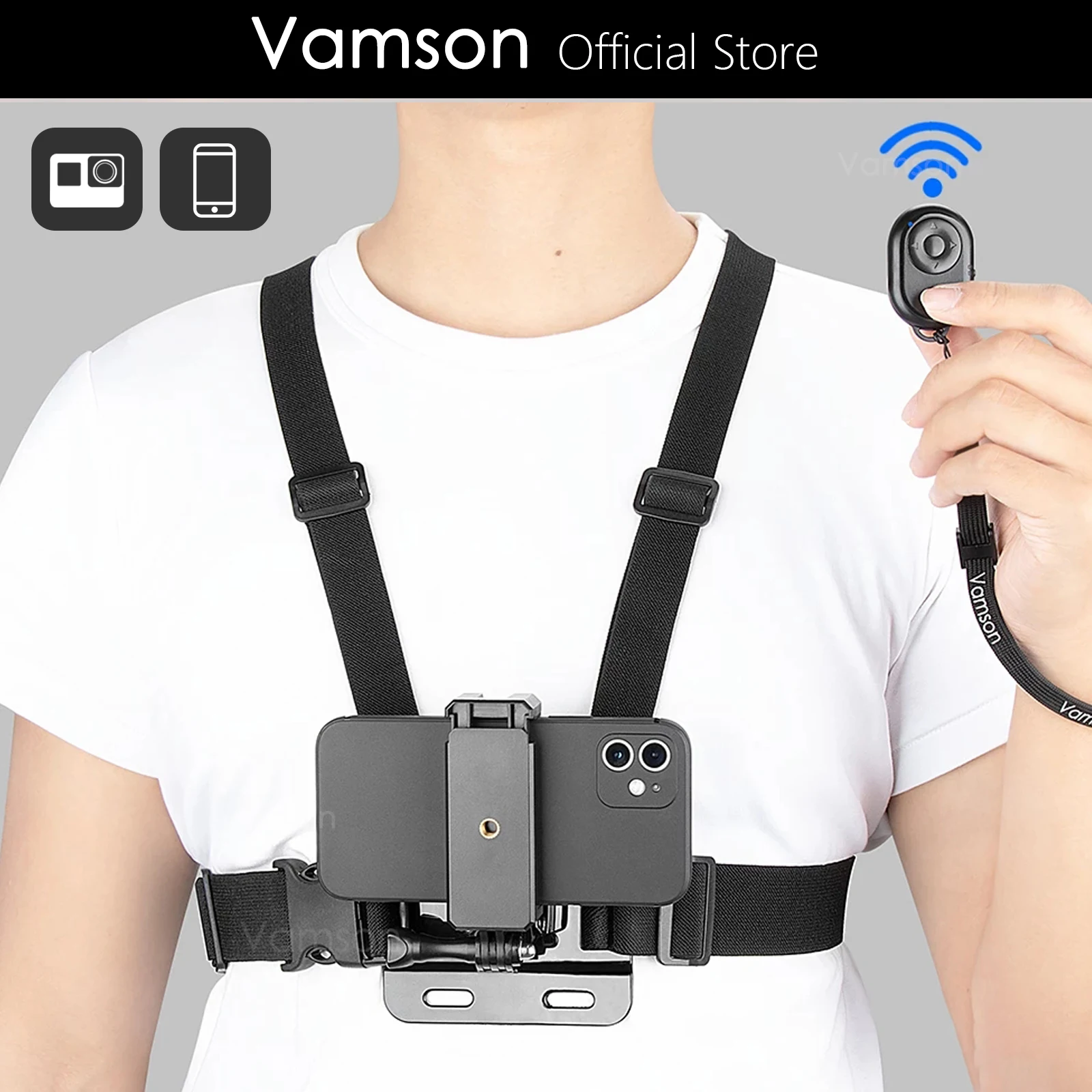 Vamson for iPhone 13 Chest Strap Belt Body Harness Phone Mount for Gopro Hero 10 9 8 Insta360 Dji Camera with Bluetooth Remote