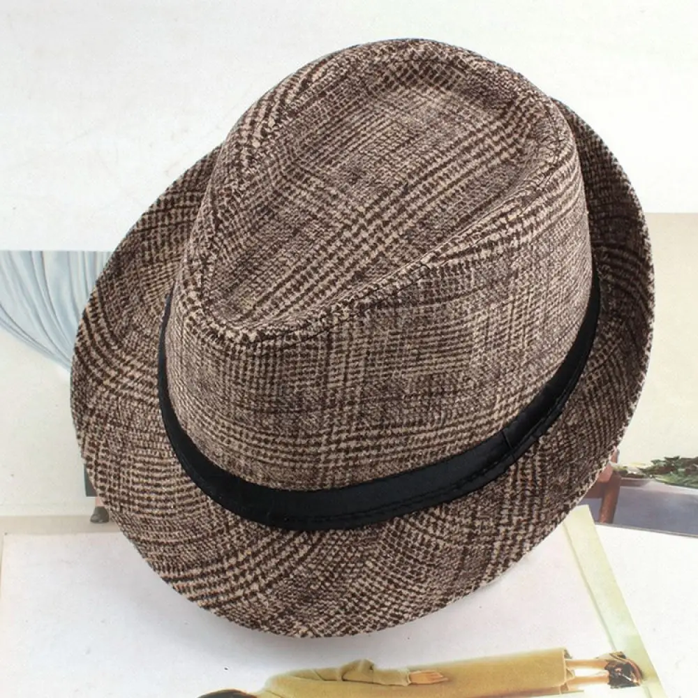 Mens Fedora Hat Vintage Plaid Jazz Cap Warm Comfortable Fashionable Brim Hat Retro Style For Mature Men Daily