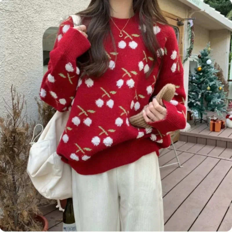 GAODINGLAN Autumn Winter Loose Round Neck Sweaters Women Long Sleeve Large Size Knitted Pullovers Lazy Cherry Print Sweater Tops