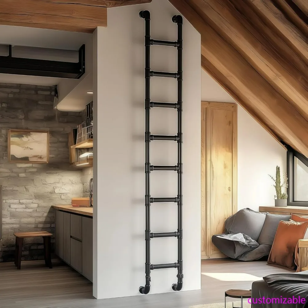 8-Step Wall-Mounted Heavy-Duty Metal Ladder, 8FT Egress Window and Loft Access for Basements, Attics, Bunk Beds, and Fire Safety