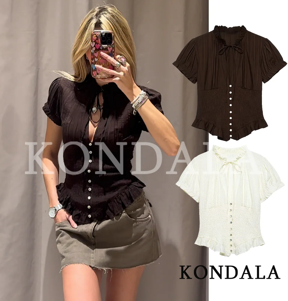 KONDALA Elegante Niedliche Schleifen-Tops Damen Frühling Sommer Trendiges Schlankes Kurzarm-Shirt Neu 2026 Mode Urlaub Lässiges Damen Y2K Top