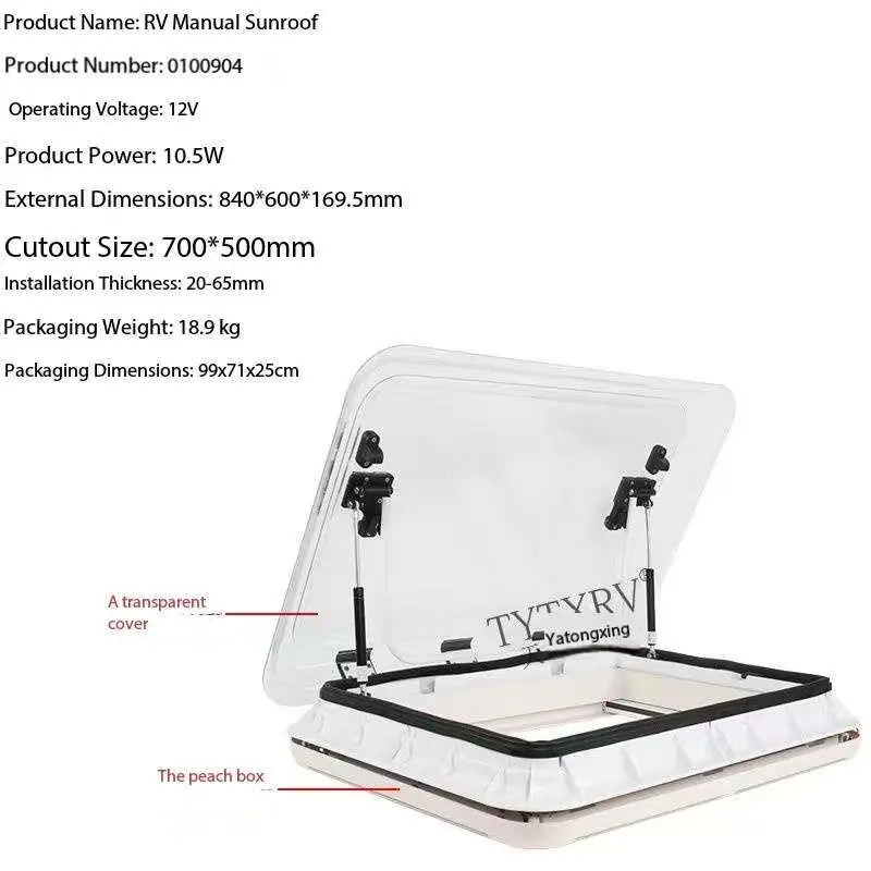 TYTXRV 500X700mm RV Roof Skylight Window with LED Light Pleated Blind and Fly Screen Acrylic Glass Car Roof Skylight