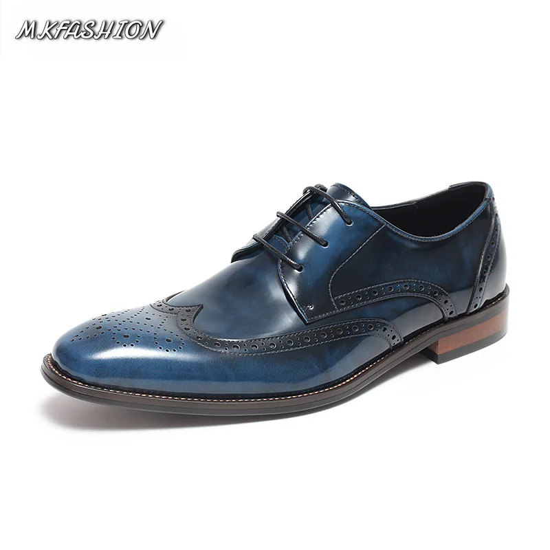 Men Business Formal Leather Shoes Brogue Oxfords Head Layer Cowhide Square Toe Dress Shoes