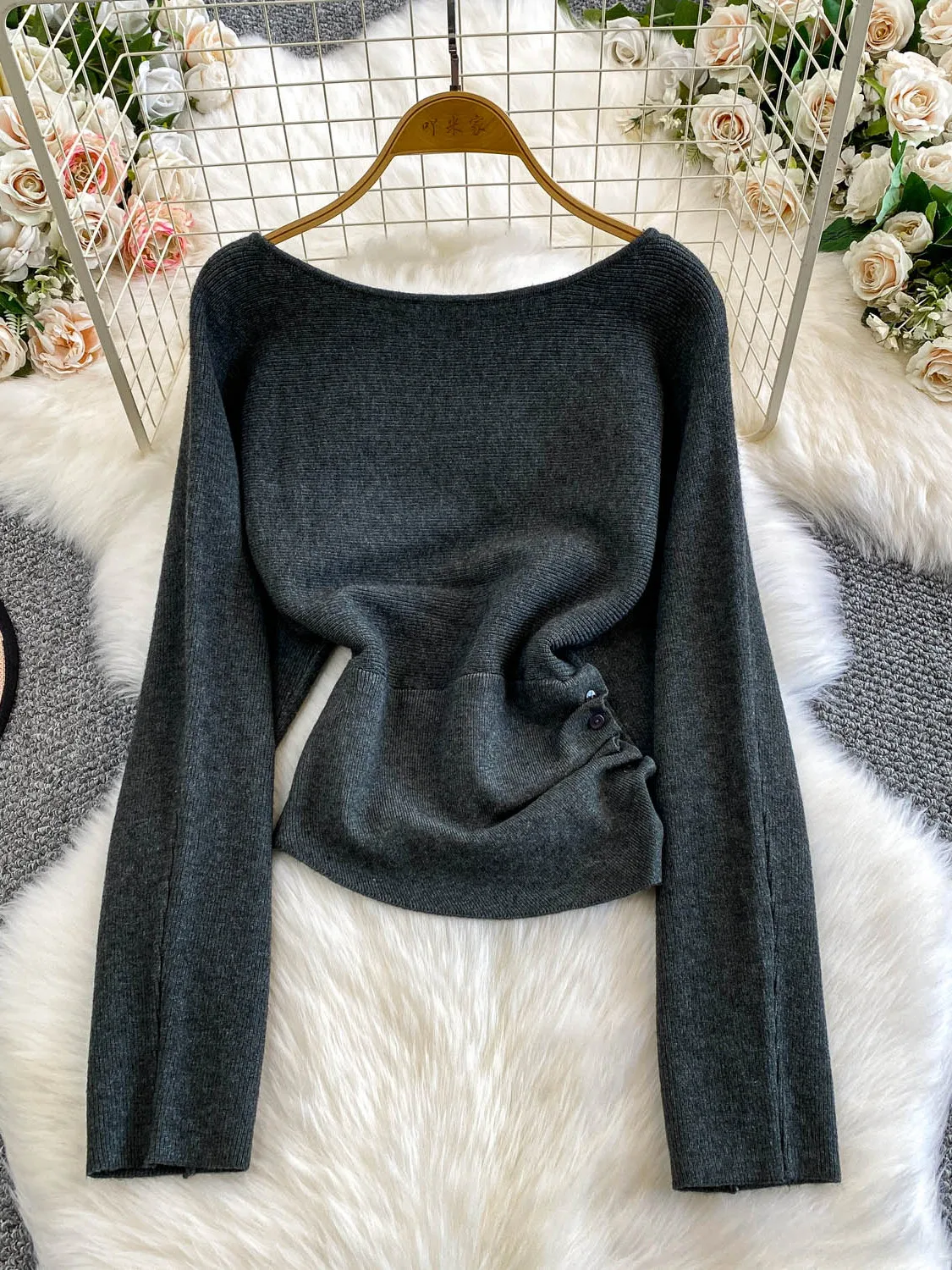 

Женский топ Ele Knitted Long Sve на одно плечо, нестандартный дизайн, утягивающая талия, корейский Sle Commute Faion, новинка 2023 года...