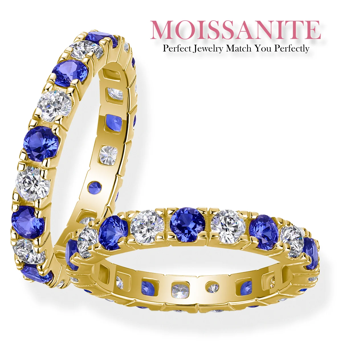 3mm Elegant 18K Gold-Plated Eternity Band Featuring Stunning Synthetic Sapphire and Brilliant Moissanite Stones for Timeless