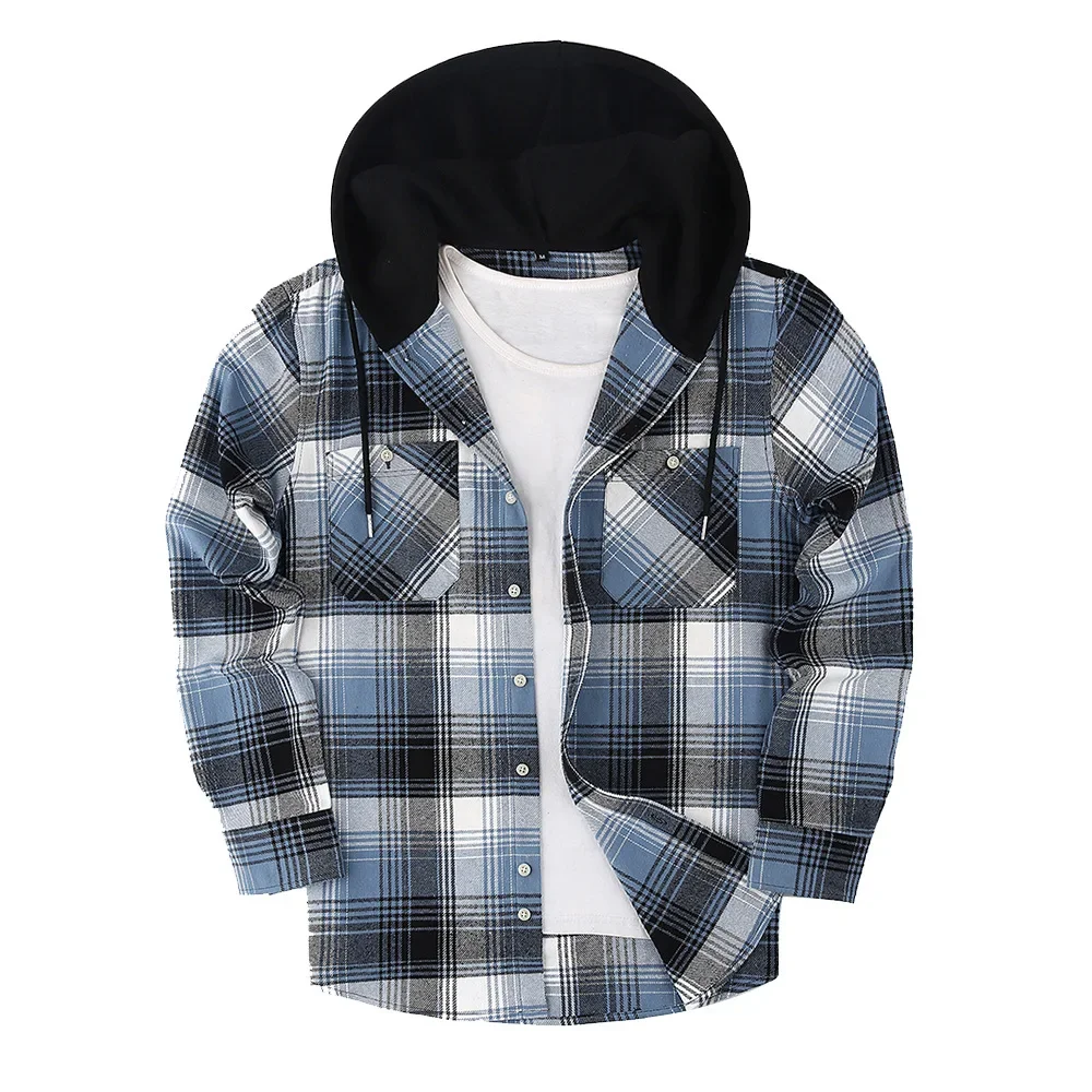 2024 Spring New Men's Loose-fit Casual Plaid Shirt Long Sleeve Hooded High-end Feel Flannel Material Amazon Best Seller