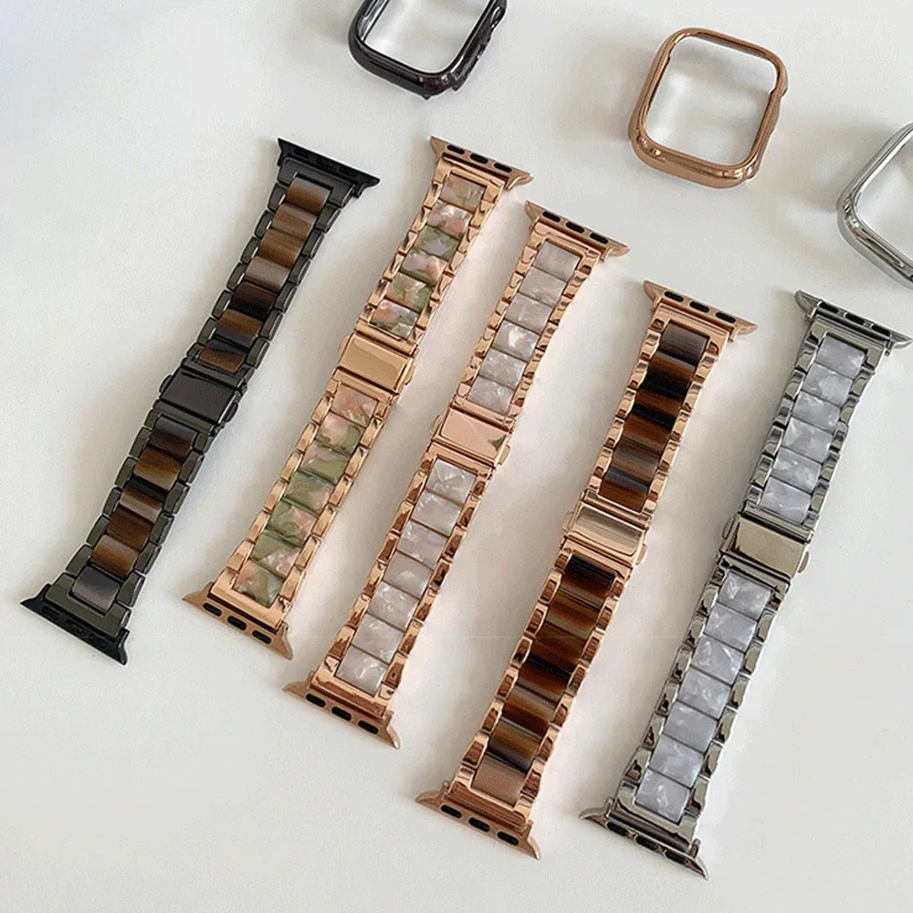 Luxury Women Resin Strap For Apple Watch Ultra 49mm Band 38 40mm 44 42mm Metal Bracelet for iWatch 8 7  6 5 4 se 3 2 1 41mm 45mm