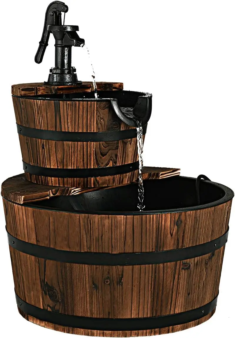 

2-Tier Barrel Waterfall Fountain Outdoor, Rustic Wood Barrel Cascading Water Fountain with Electric Pump, Outdoor Water Feature