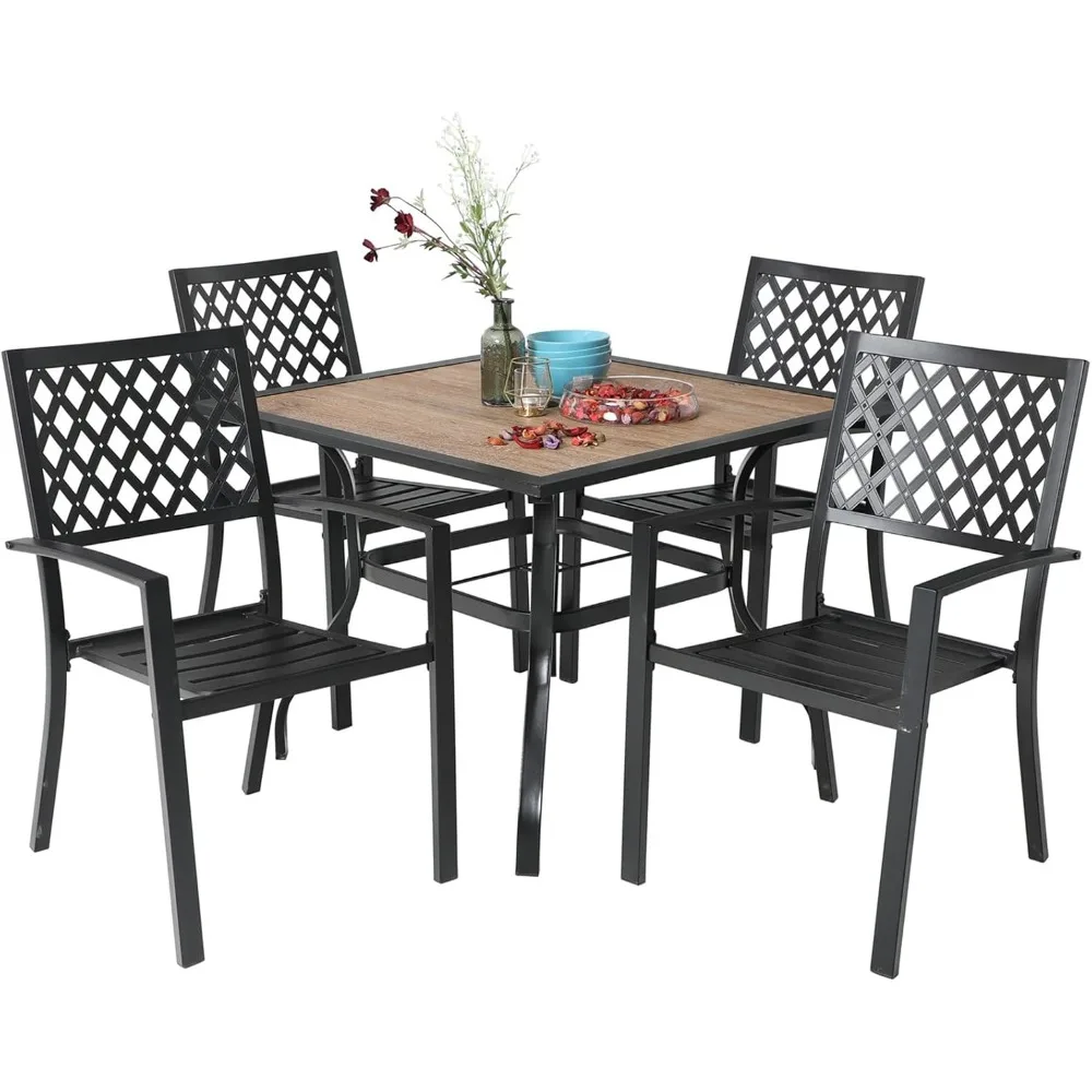 5-piece patio dining table set, 4 metal stacked chairs and 37-inch square outdoor dining table with umbrella holes