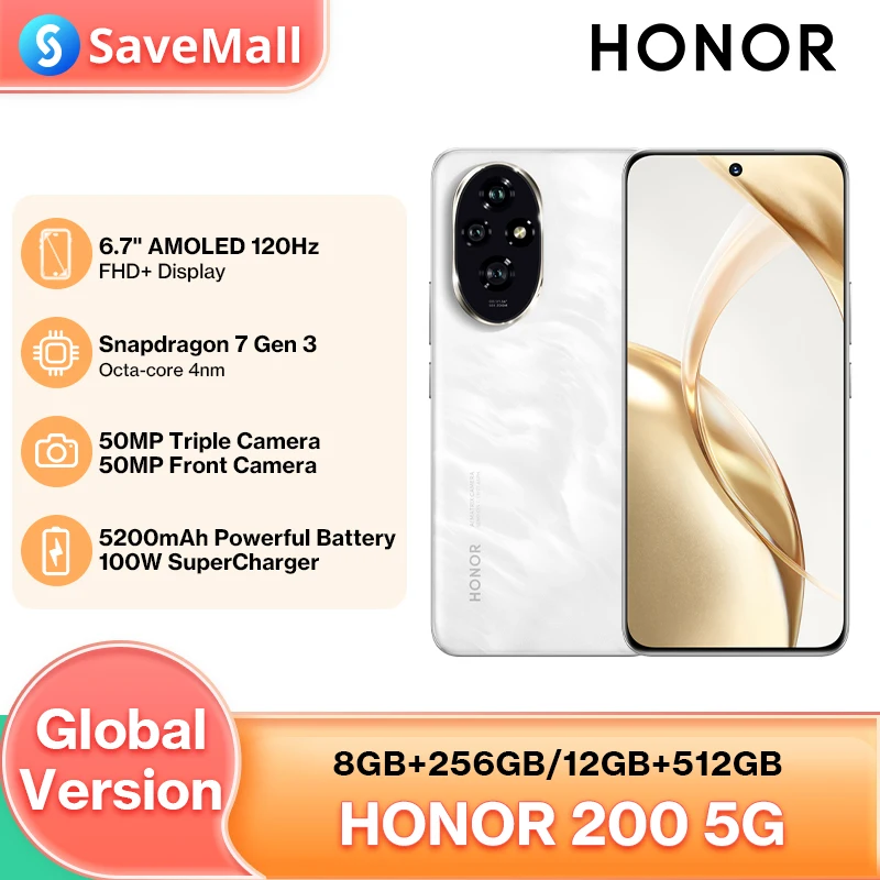 HONOR 200 스냅드래곤 7 Gen 3, 5G, 5200 mAh 배터리, 100W 슈퍼차저, 6.7 인치 AMOLED 디스플레이, 글로벌 버전, 2024 신제품