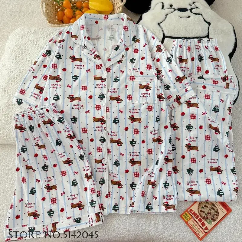 

Female Cartoon Pajamas 3PCS Set Loose Casual Home Clothes Loungewear Short Sleeve Trouser Pijamas Suit Spring Summer Pyjama
