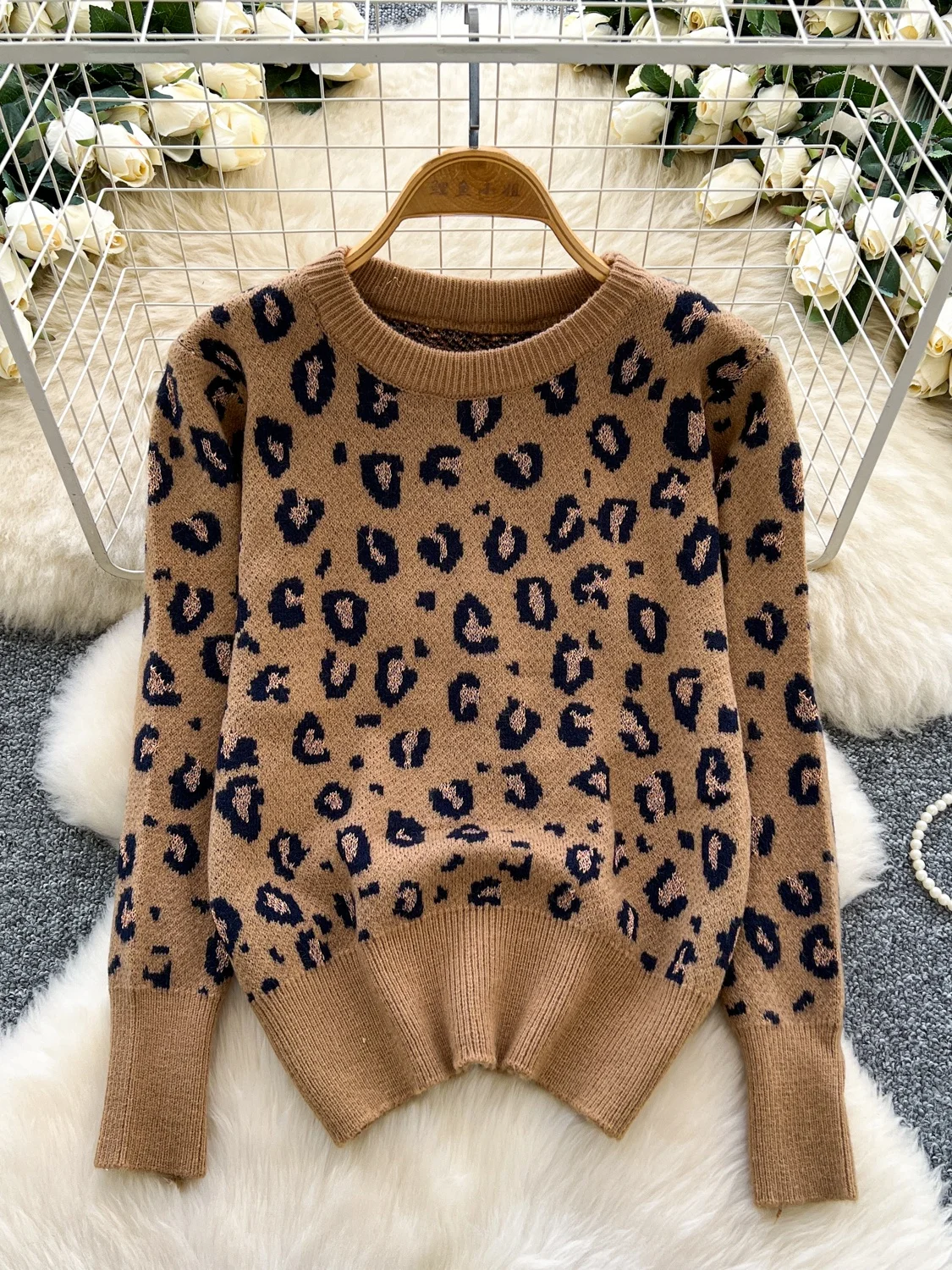 

Faionable Hong Kong Sle Women's Knitted Long Sve Crew Ne Leopard Print Sweater Autumn Winter Warm Thermal Loose Fit