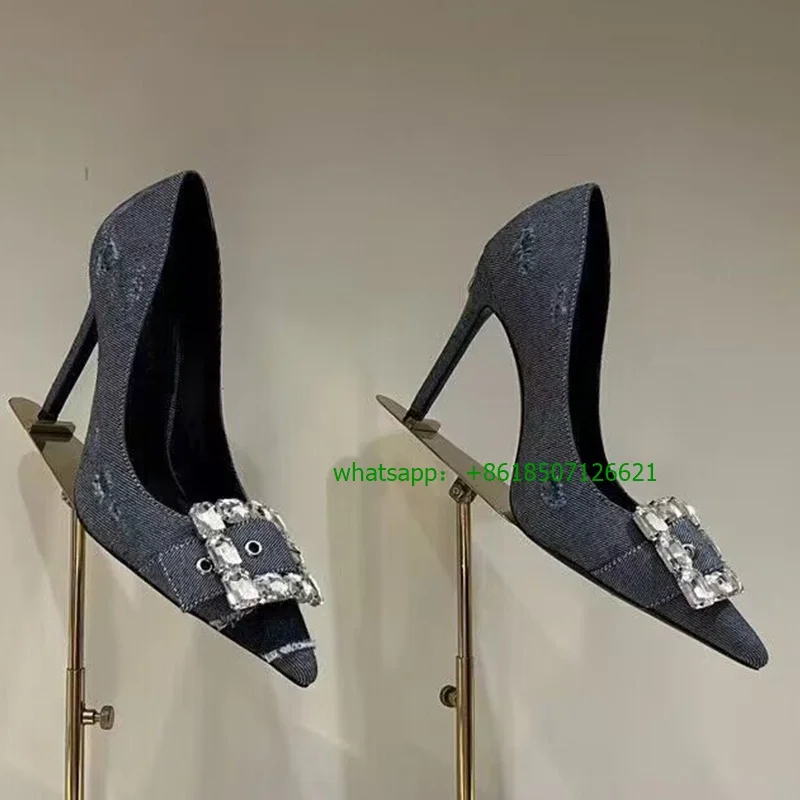 Denim Rhinestone Pointed Slip-On Pumps 12cm Super High Heel Stiletto High Quality High Heels Ladies Shoes