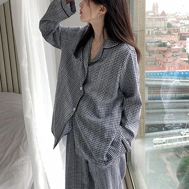 Plaid Women\'s Pajamas Korean Sleepwear Long Sleeve Pants Sets for Women 2 Pieces Autumn Night Wears Casual Home Suit 2024 New