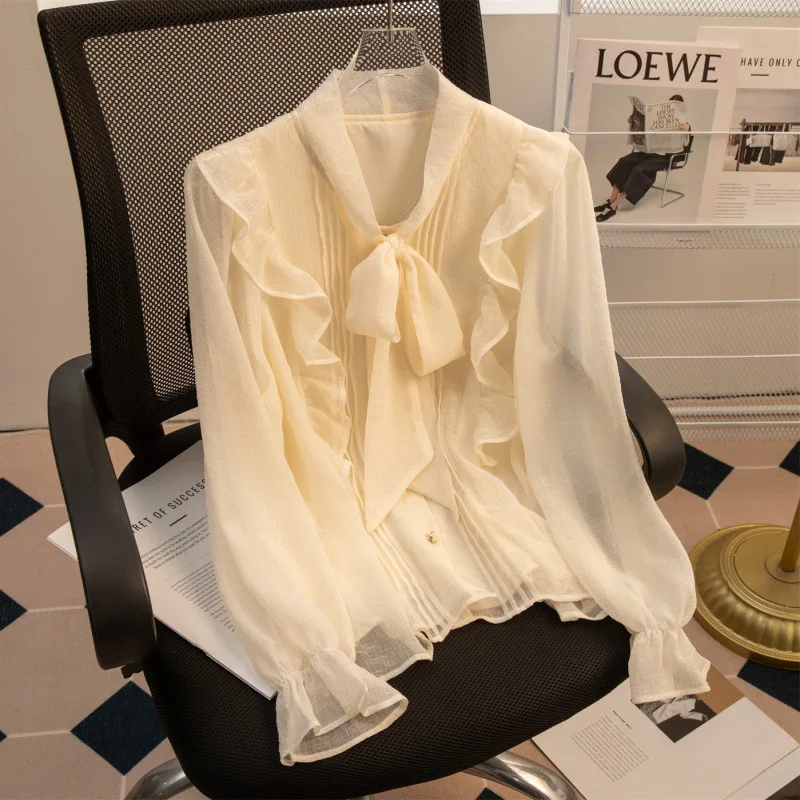 

French Chiffon Shirt for Women, New Fashion Top for Spring and Autumn 2025, Long-sleeved Shirt with Bow