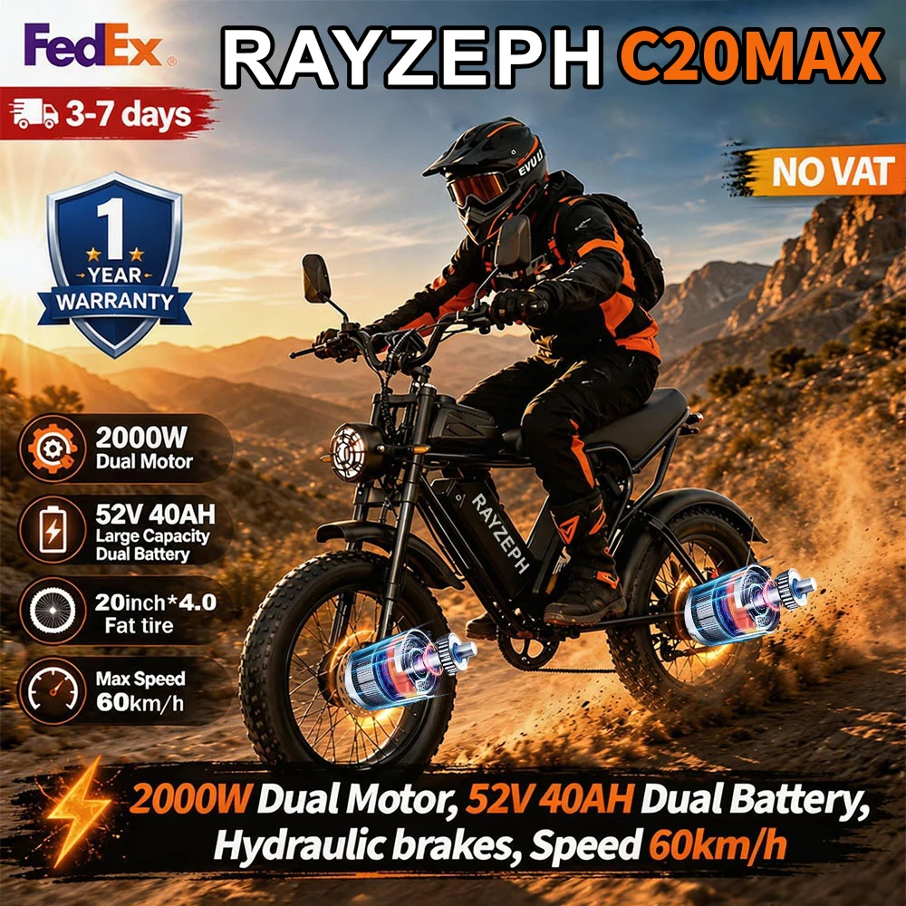 Vélo électrique tout-terrain RAYZEPH C20MAX, moteurs doubles 2000W, pneus larges de 20 pouces, deux batteries 52V 40Ah, freins à disque hydrauliques, vélo électrique avec écran LCD, ou le C20lite 1000W pour adultes.
