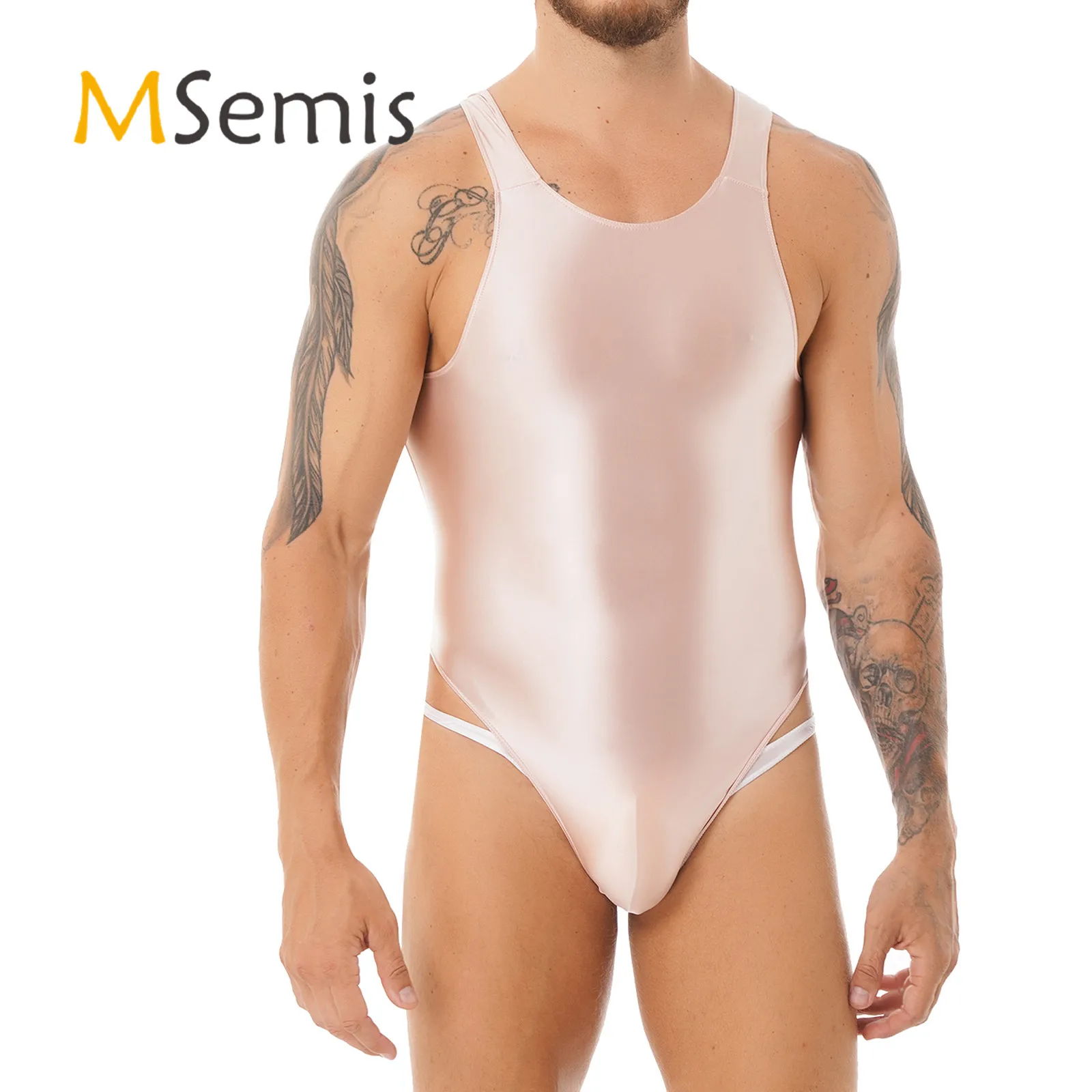 Mens Lingerie Cutout Back Bodysuit Solid Color Glossy Beach Swimming Suit One-piece Swimsuit Stretchy Tights Leotard Swimwear