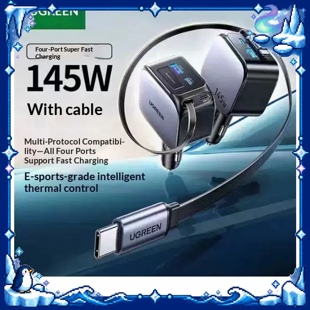 UGREEN EC604 Car Charger 145W 3 Ports Retractable USB C Cable PD 3.0 for iPhone Laptop Tablet